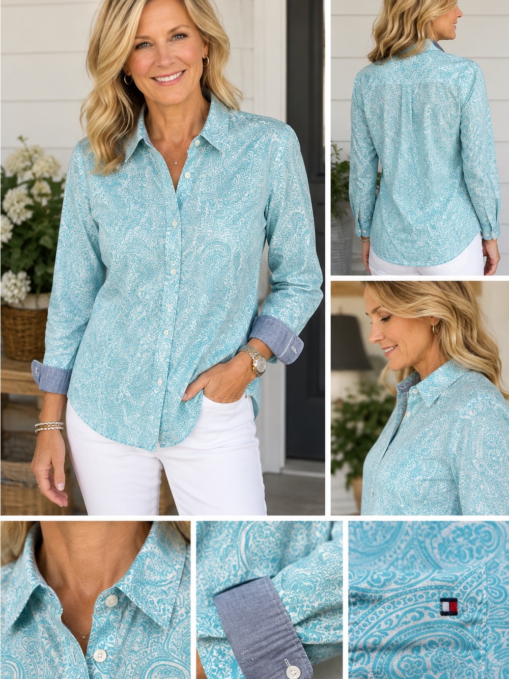 Tommy Hilfiger Women's Light Teal Paisley Button-Down Shirt